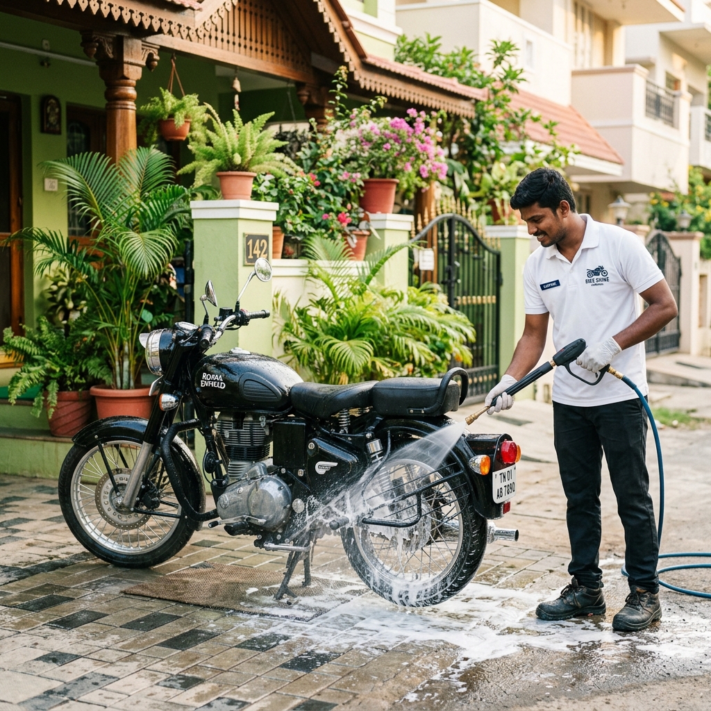 WayWash technician washing motorcycle at customer home